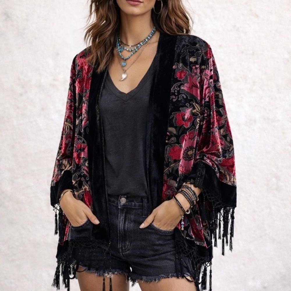 MSK Petite | Vintage Velvet Floral Burnout Beaded Kimono